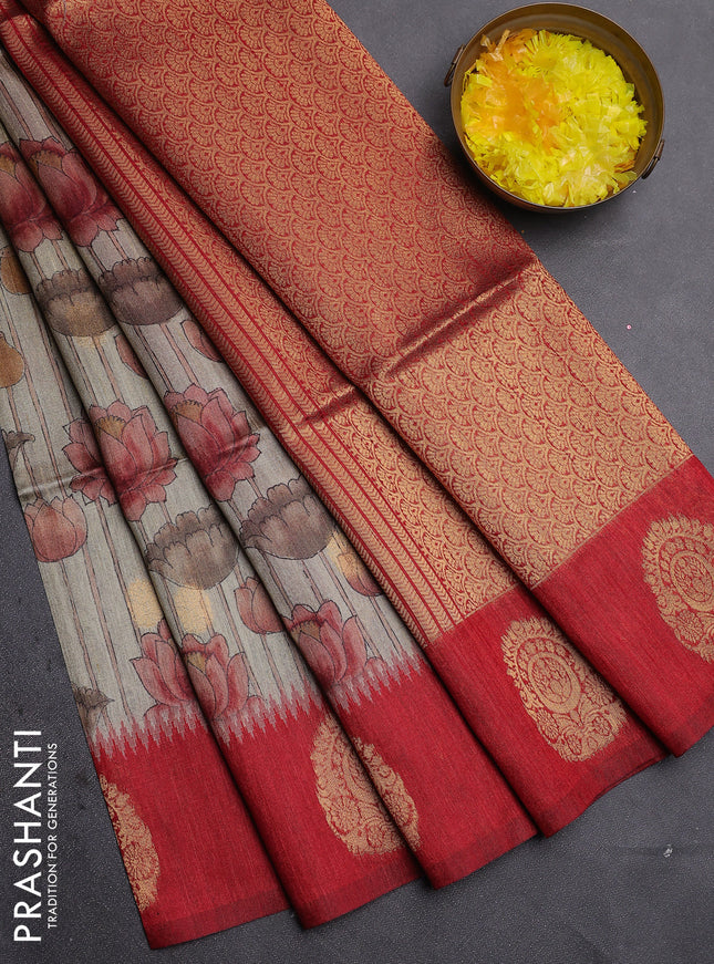 Bhagalpuri tussar saree beige and maroon with allover kalamkari prints & zari buttas and zari woven butta border