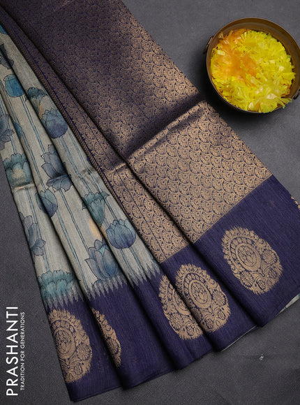 Bhagalpuri tussar saree beige and navy blue with allover kalamkari prints & zari buttas and zari woven butta border