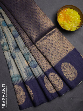 Bhagalpuri tussar saree beige and navy blue with allover kalamkari prints & zari buttas and zari woven butta border