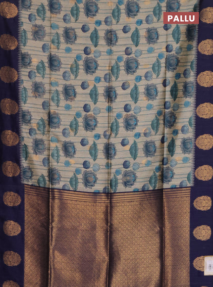 Bhagalpuri tussar saree beige and navy blue with allover kalamkari prints & zari buttas and zari woven butta border