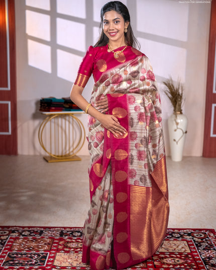 Bhagalpuri tussar saree beige and maroon with allover kalamkari prints & zari buttas and zari woven butta border