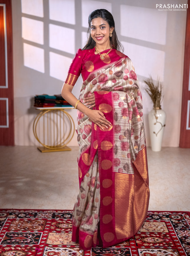 Bhagalpuri tussar saree beige and maroon with allover kalamkari prints & zari buttas and zari woven butta border
