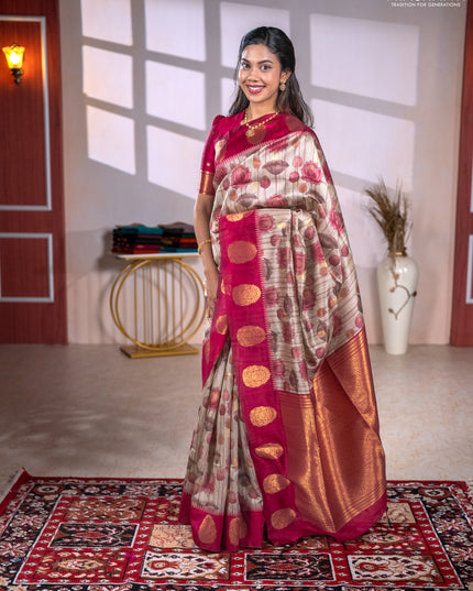 Bhagalpuri tussar saree beige and maroon with allover kalamkari prints & zari buttas and zari woven butta border