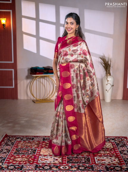 Bhagalpuri tussar saree beige and maroon with allover kalamkari prints & zari buttas and zari woven butta border