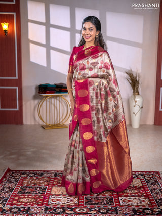 Bhagalpuri tussar saree beige and maroon with allover kalamkari prints & zari buttas and zari woven butta border
