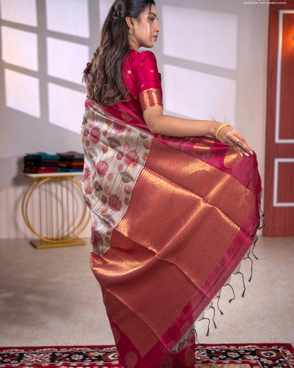 Bhagalpuri tussar saree beige and maroon with allover kalamkari prints & zari buttas and zari woven butta border