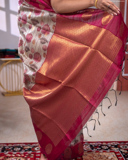Bhagalpuri tussar saree beige and maroon with allover kalamkari prints & zari buttas and zari woven butta border