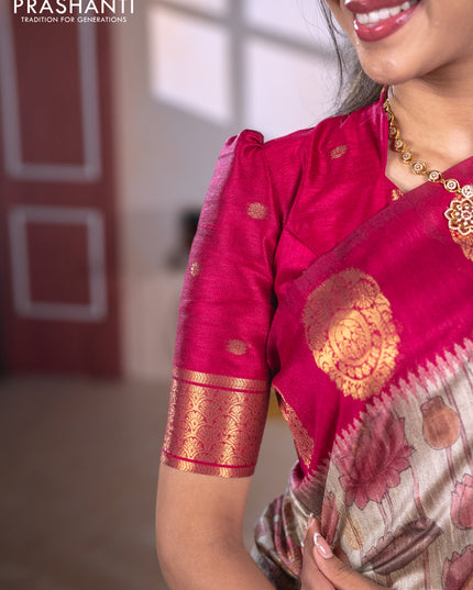 Bhagalpuri tussar saree beige and maroon with allover kalamkari prints & zari buttas and zari woven butta border