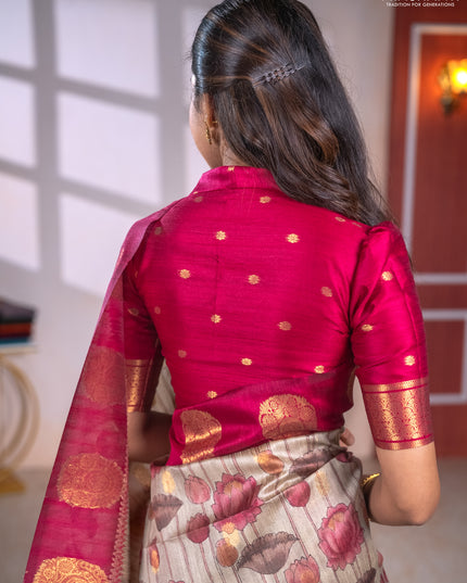 Bhagalpuri tussar saree beige and maroon with allover kalamkari prints & zari buttas and zari woven butta border