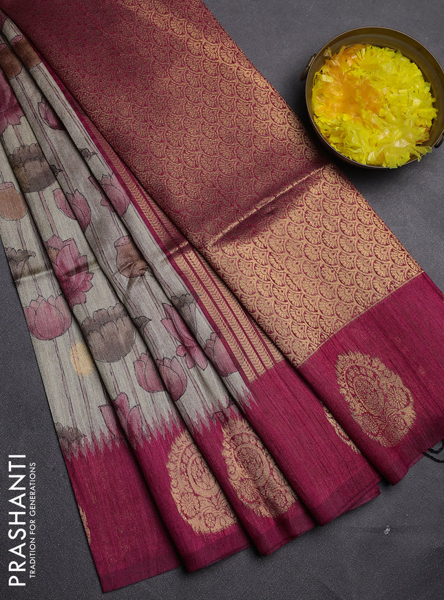 Bhagalpuri tussar saree beige and dark pink with allover kalamkari prints & zari buttas and zari woven butta border