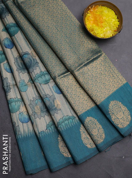 Bhagalpuri tussar saree beige and peacock green with allover kalamkari prints & zari buttas and zari woven butta border