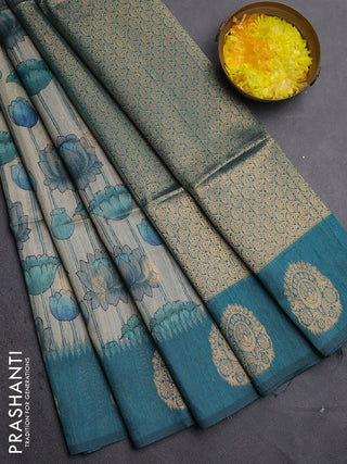 Bhagalpuri tussar saree beige and peacock green with allover kalamkari prints & zari buttas and zari woven butta border