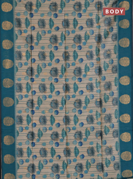 Bhagalpuri tussar saree beige and peacock green with allover kalamkari prints & zari buttas and zari woven butta border