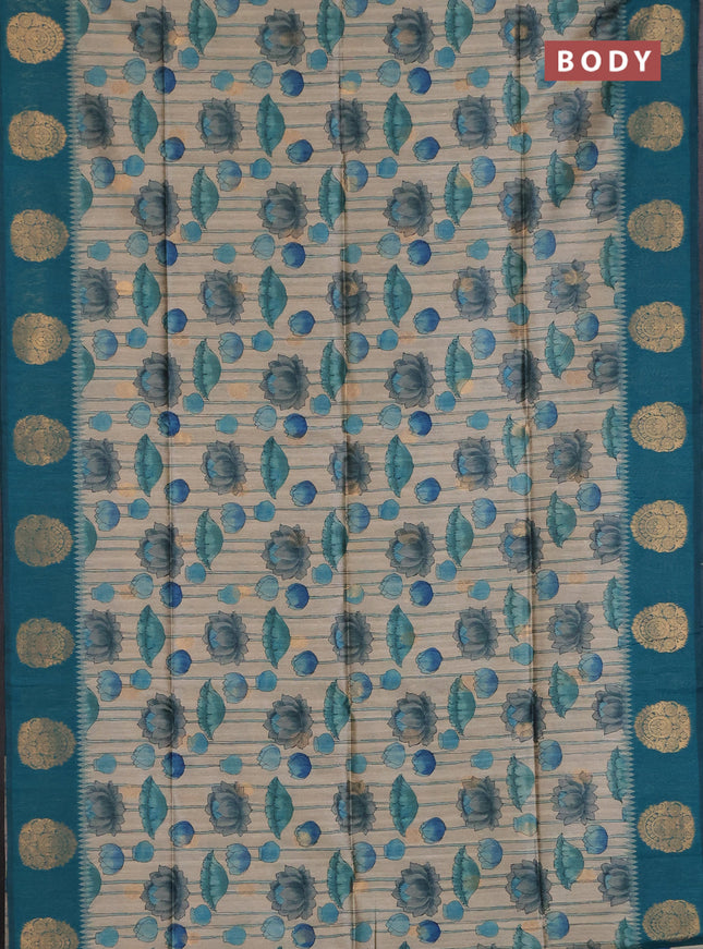 Bhagalpuri tussar saree beige and peacock green with allover kalamkari prints & zari buttas and zari woven butta border