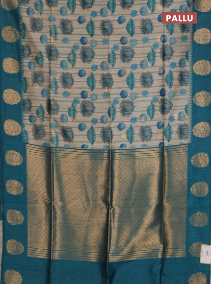 Bhagalpuri tussar saree beige and peacock green with allover kalamkari prints & zari buttas and zari woven butta border