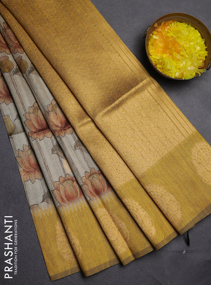 Bhagalpuri tussar saree beige and mustard yellow with allover kalamkari prints & zari buttas and zari woven butta border