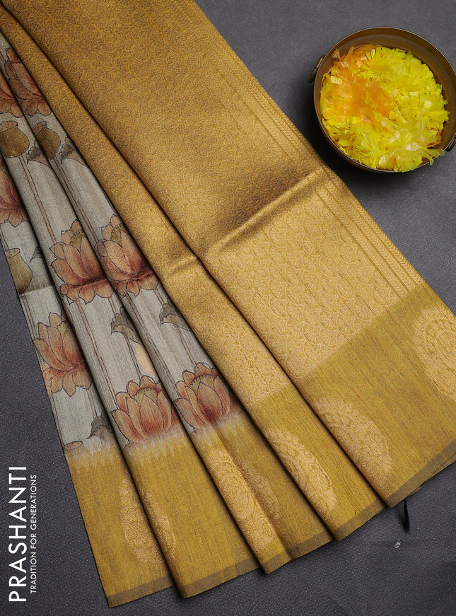 Bhagalpuri tussar saree beige and mustard yellow with allover kalamkari prints & zari buttas and zari woven butta border