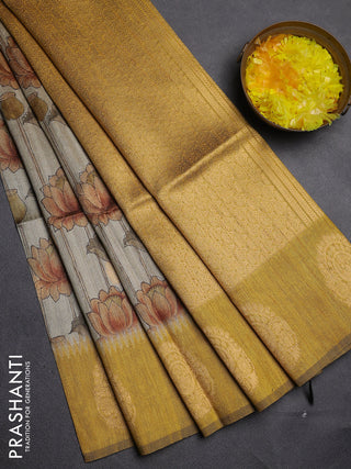 Bhagalpuri tussar saree beige and mustard yellow with allover kalamkari prints & zari buttas and zari woven butta border