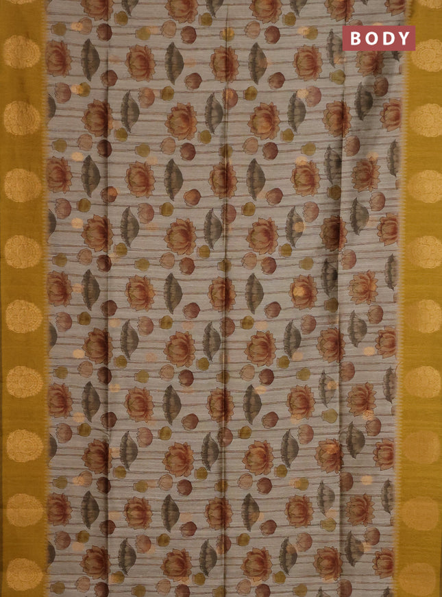 Bhagalpuri tussar saree beige and mustard yellow with allover kalamkari prints & zari buttas and zari woven butta border