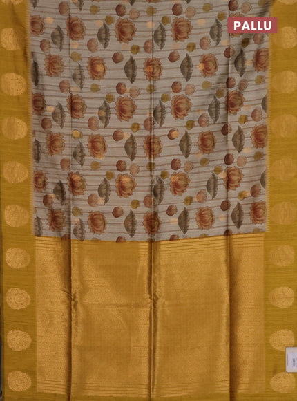 Bhagalpuri tussar saree beige and mustard yellow with allover kalamkari prints & zari buttas and zari woven butta border