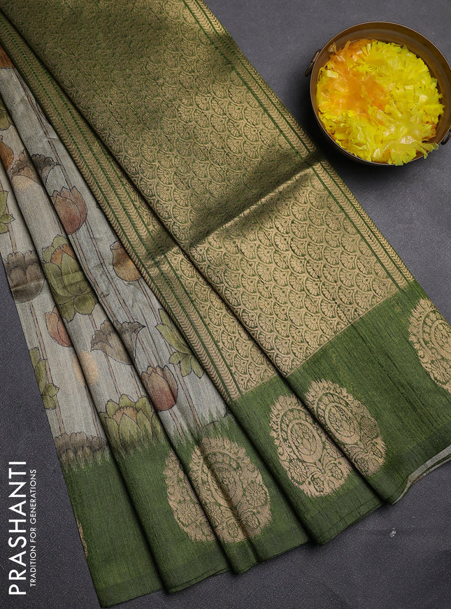 Bhagalpuri tussar saree beige and mehendi green with allover kalamkari prints & zari buttas and zari woven butta border