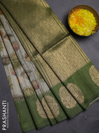Bhagalpuri tussar saree beige and mehendi green with allover kalamkari prints & zari buttas and zari woven butta border