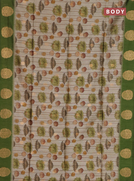 Bhagalpuri tussar saree beige and mehendi green with allover kalamkari prints & zari buttas and zari woven butta border