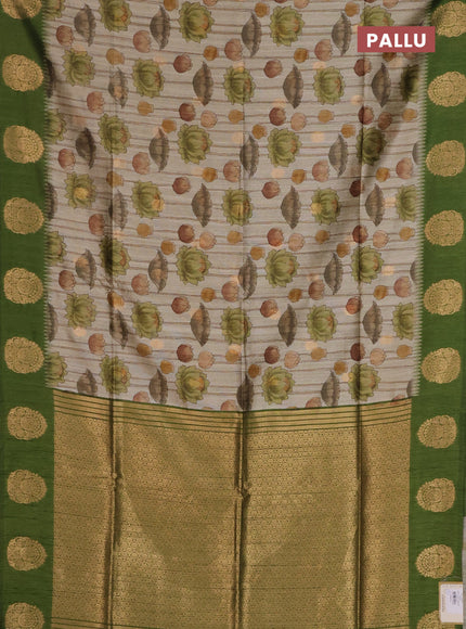 Bhagalpuri tussar saree beige and mehendi green with allover kalamkari prints & zari buttas and zari woven butta border