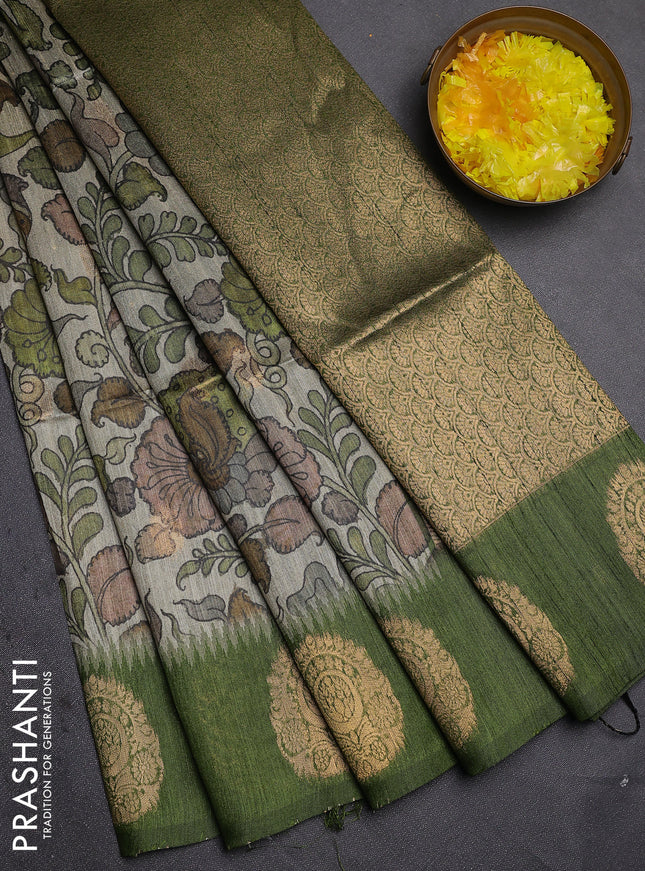 Bhagalpuri tussar saree mehendi green with allover kalamkari prints & zari buttas and zari woven butta border