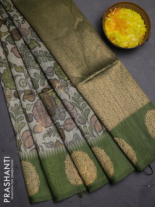 Bhagalpuri tussar saree mehendi green with allover kalamkari prints & zari buttas and zari woven butta border