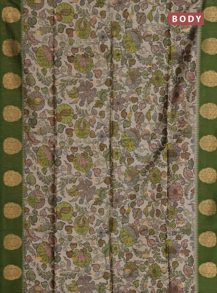 Bhagalpuri tussar saree mehendi green with allover kalamkari prints & zari buttas and zari woven butta border