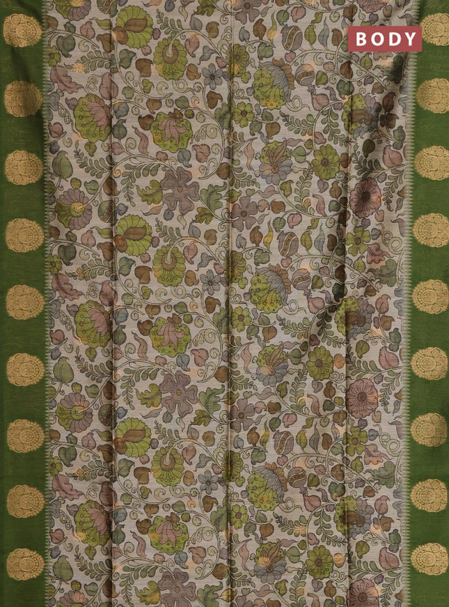 Bhagalpuri tussar saree mehendi green with allover kalamkari prints & zari buttas and zari woven butta border