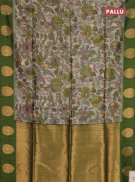 Bhagalpuri tussar saree mehendi green with allover kalamkari prints & zari buttas and zari woven butta border