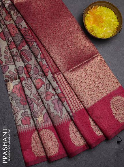 Bhagalpuri tussar saree dark pink with allover kalamkari prints & zari buttas and zari woven butta border