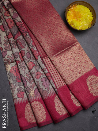 Bhagalpuri tussar saree dark pink with allover kalamkari prints & zari buttas and zari woven butta border