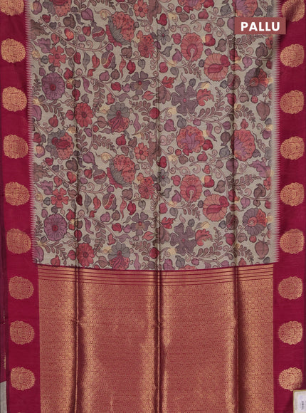 Bhagalpuri tussar saree dark pink with allover kalamkari prints & zari buttas and zari woven butta border