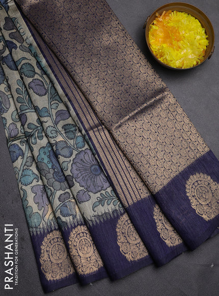 Bhagalpuri tussar saree navy blue with allover kalamkari prints & zari buttas and zari woven butta border
