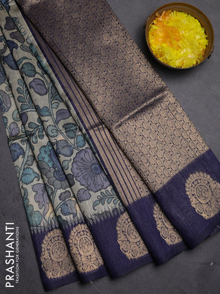 Bhagalpuri tussar saree navy blue with allover kalamkari prints & zari buttas and zari woven butta border