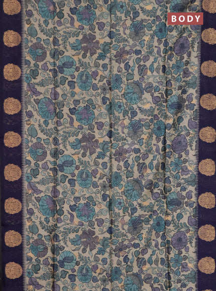 Bhagalpuri tussar saree navy blue with allover kalamkari prints & zari buttas and zari woven butta border