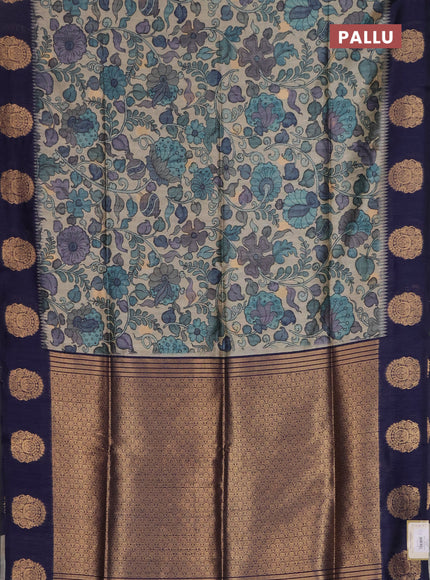 Bhagalpuri tussar saree navy blue with allover kalamkari prints & zari buttas and zari woven butta border