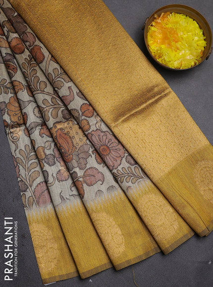 Bhagalpuri tussar saree mustard yellow with allover kalamkari prints & zari buttas and zari woven butta border