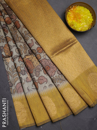Bhagalpuri tussar saree mustard yellow with allover kalamkari prints & zari buttas and zari woven butta border