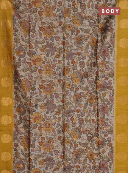 Bhagalpuri tussar saree mustard yellow with allover kalamkari prints & zari buttas and zari woven butta border
