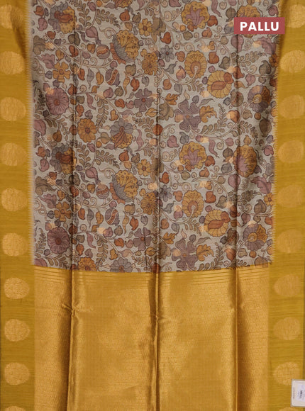 Bhagalpuri tussar saree mustard yellow with allover kalamkari prints & zari buttas and zari woven butta border