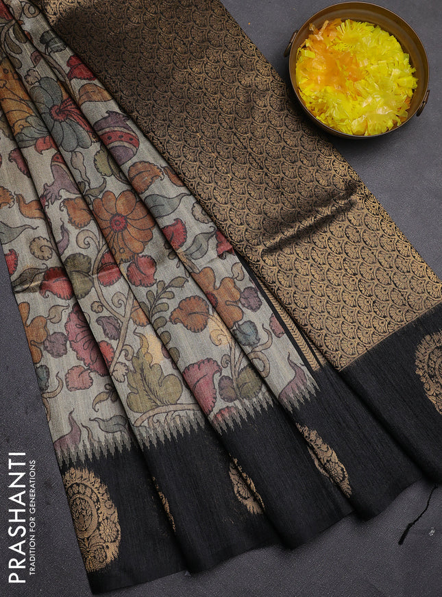 Bhagalpuri tussar saree black with allover kalamkari prints & zari buttas and zari woven butta border