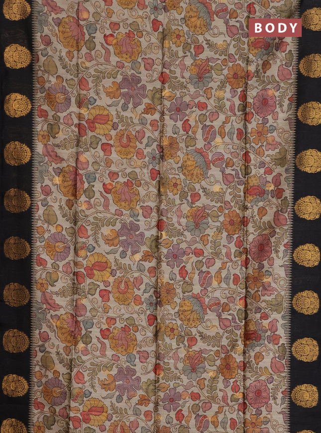 Bhagalpuri tussar saree black with allover kalamkari prints & zari buttas and zari woven butta border