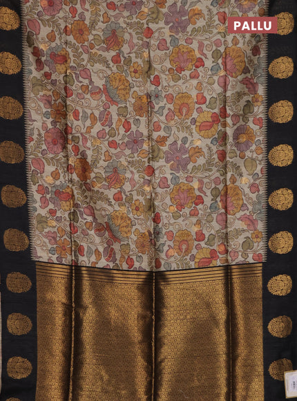 Bhagalpuri tussar saree black with allover kalamkari prints & zari buttas and zari woven butta border