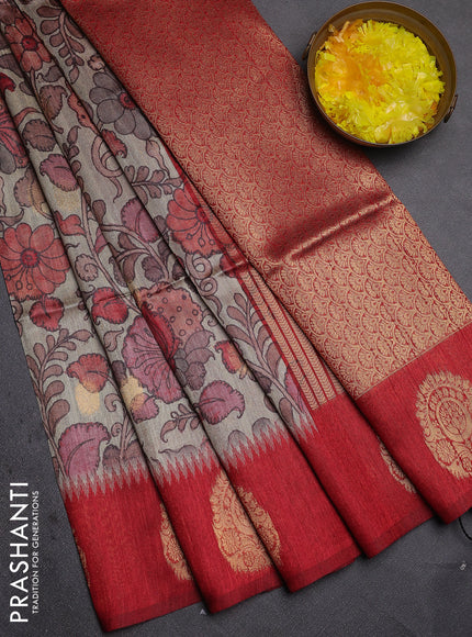 Bhagalpuri tussar saree maroon with allover kalamkari prints & zari buttas and zari woven butta border