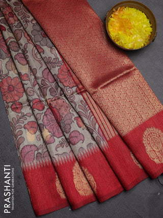 Bhagalpuri tussar saree maroon with allover kalamkari prints & zari buttas and zari woven butta border