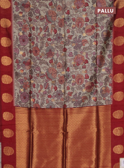 Bhagalpuri tussar saree maroon with allover kalamkari prints & zari buttas and zari woven butta border